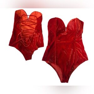 Women’s sexy red velvet lace up bodysuit